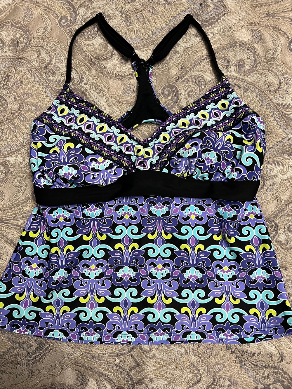 Beach Native Patterned Racerback Tankini Top in Purple & Aqua, size 36/C, 34/D